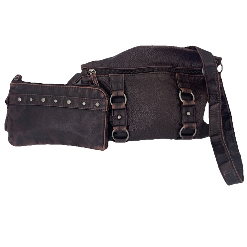Y2K 90s Mini Purse Crossbody Brown Vegan Leather Wristlet Worn Look Grunge Studs